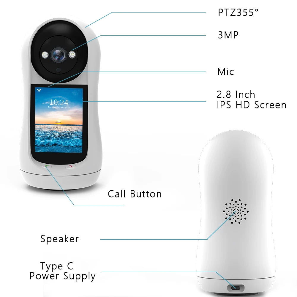 3MP PTZ Wifi Camera Video Call with 2.8 Inch Screen
