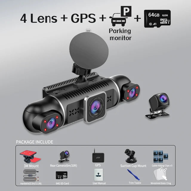 64GB 360 Degrees Car DVR Dash Cam WiFi GPS 24h Parking Monitor 4 Lens*HD 1080P Video Recorder APP Control Hard-wired Tool