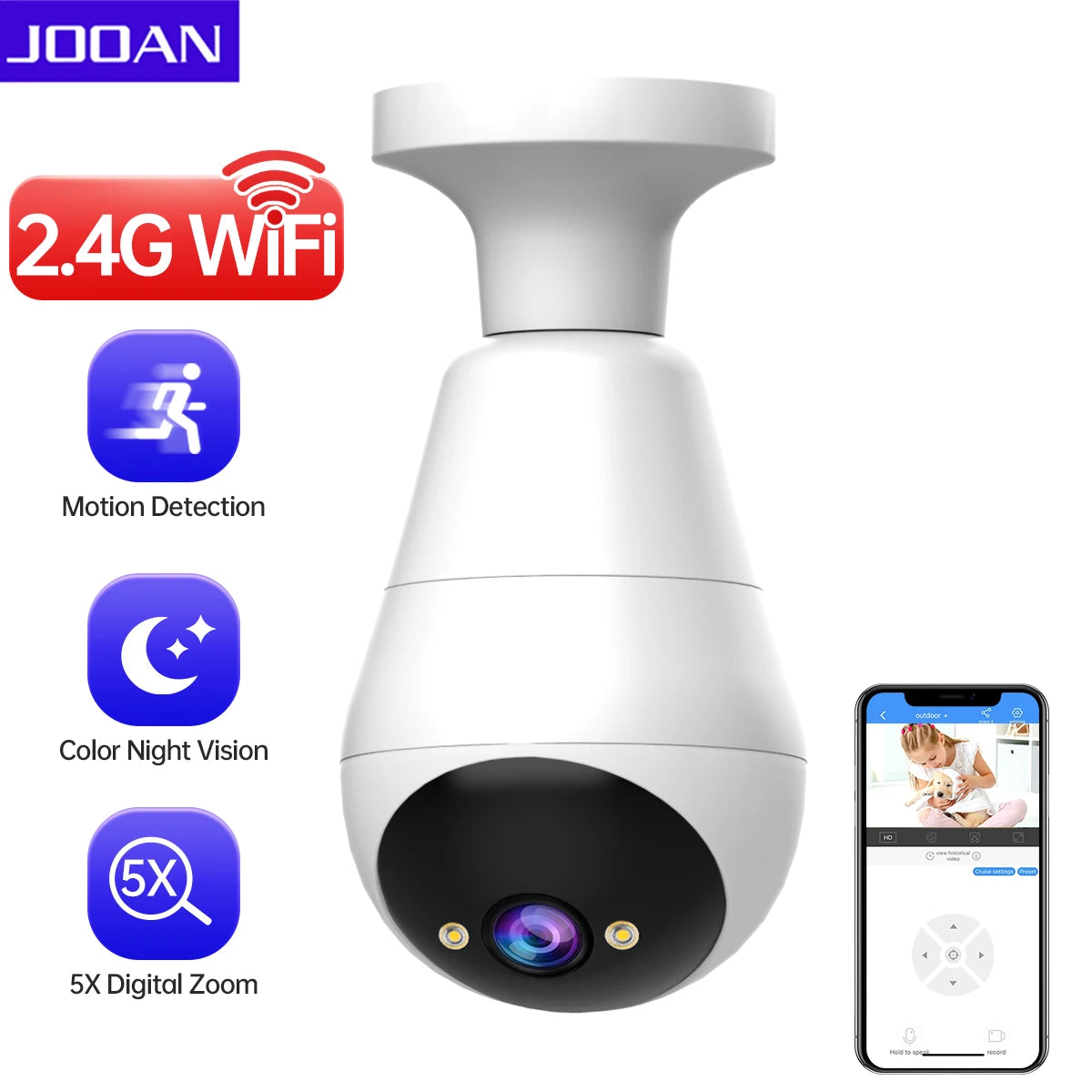 JOOAN 3MP PTZ IP Camera 2.4G Wifi E27 Bulb Surveillance Camera Home Color Night AI Tracking Security Camera Smart Baby Monitor