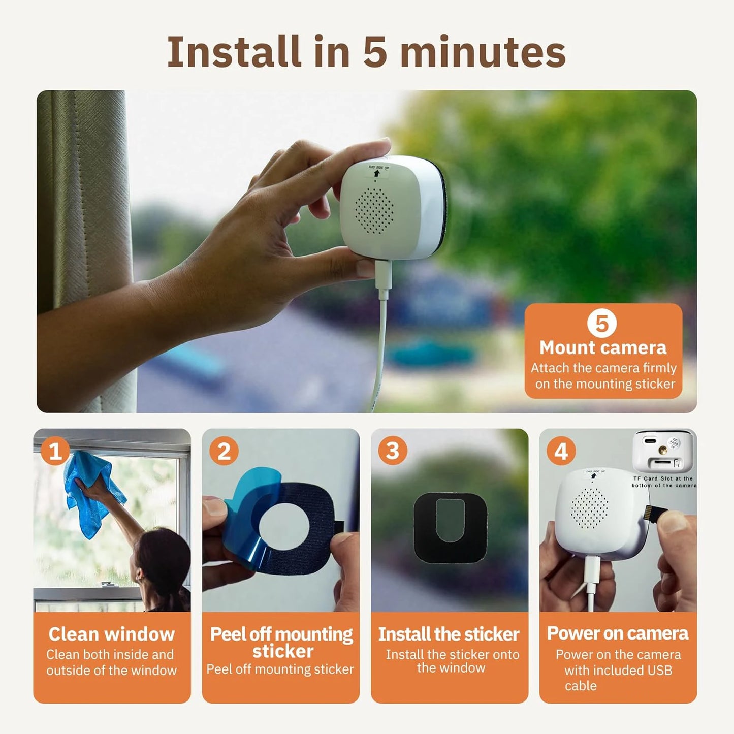 2PCS Window Camera - Replaces Outdoor Cameras | 2.4/5GHz Wi-Fi | 3MP Resolution | Full-Color Night Vision Through Window |