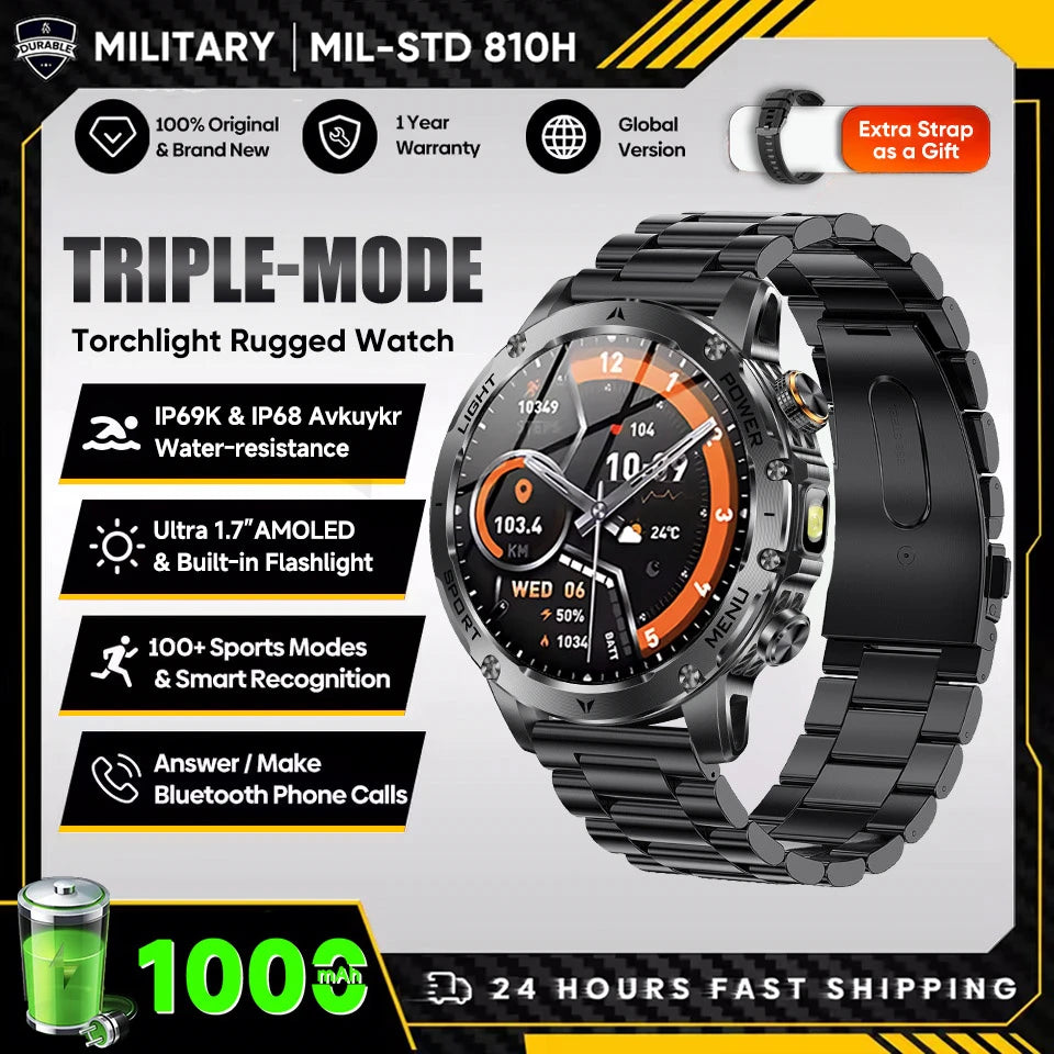 2025 New Military T-Rex 3 Ultra 1000mAh Battery Smart Watch with Flashlight