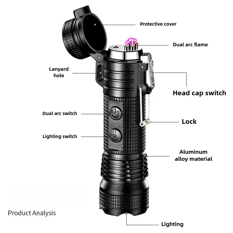 Outdoor Waterproof Flashlight Double Arc Lighter