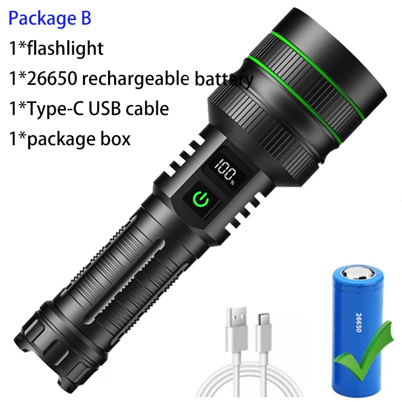 20000000LM Most Powerful LED Flashlight Rechargeable Type-c Flashlight Long Range 2000M
