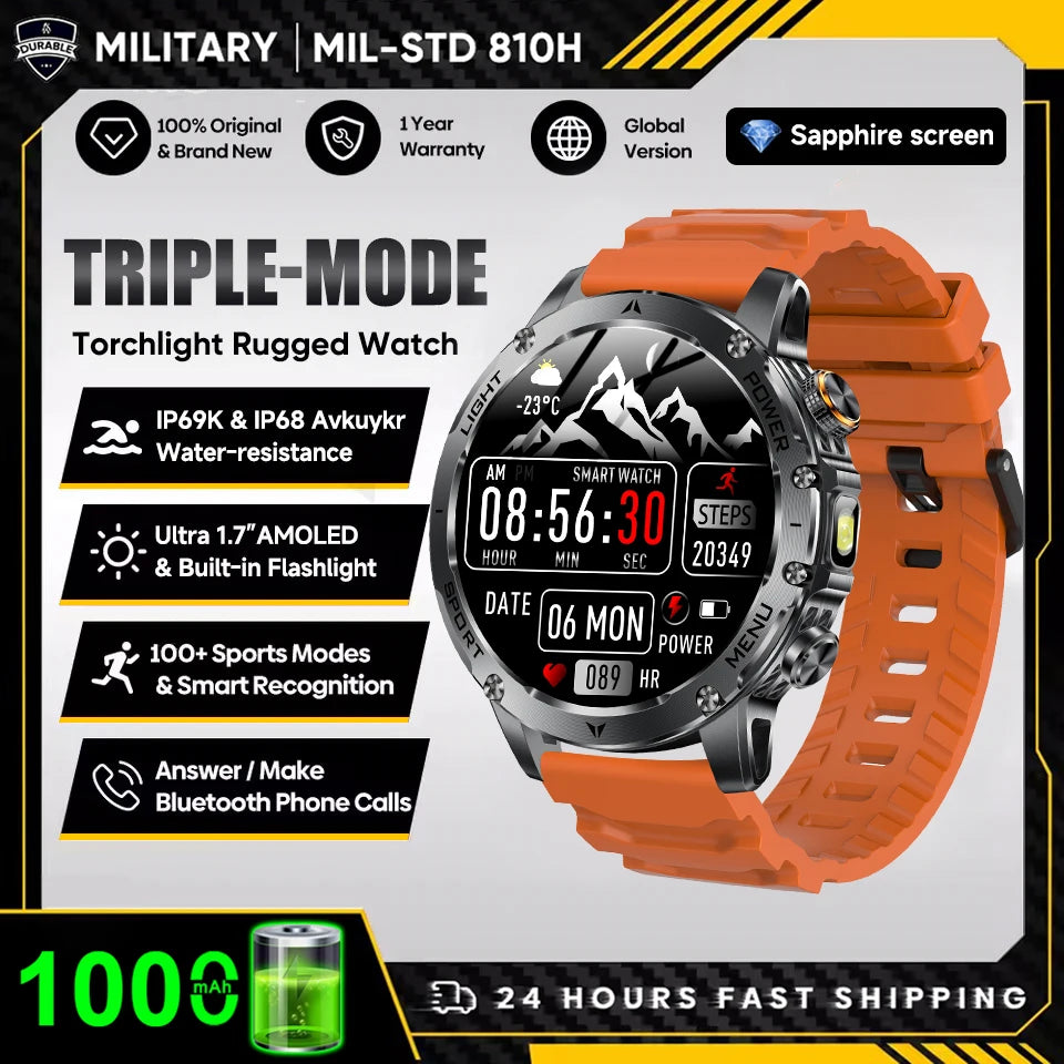 2025 New Military T-Rex 3 Ultra 1000mAh Battery Smart Watch with Flashlight