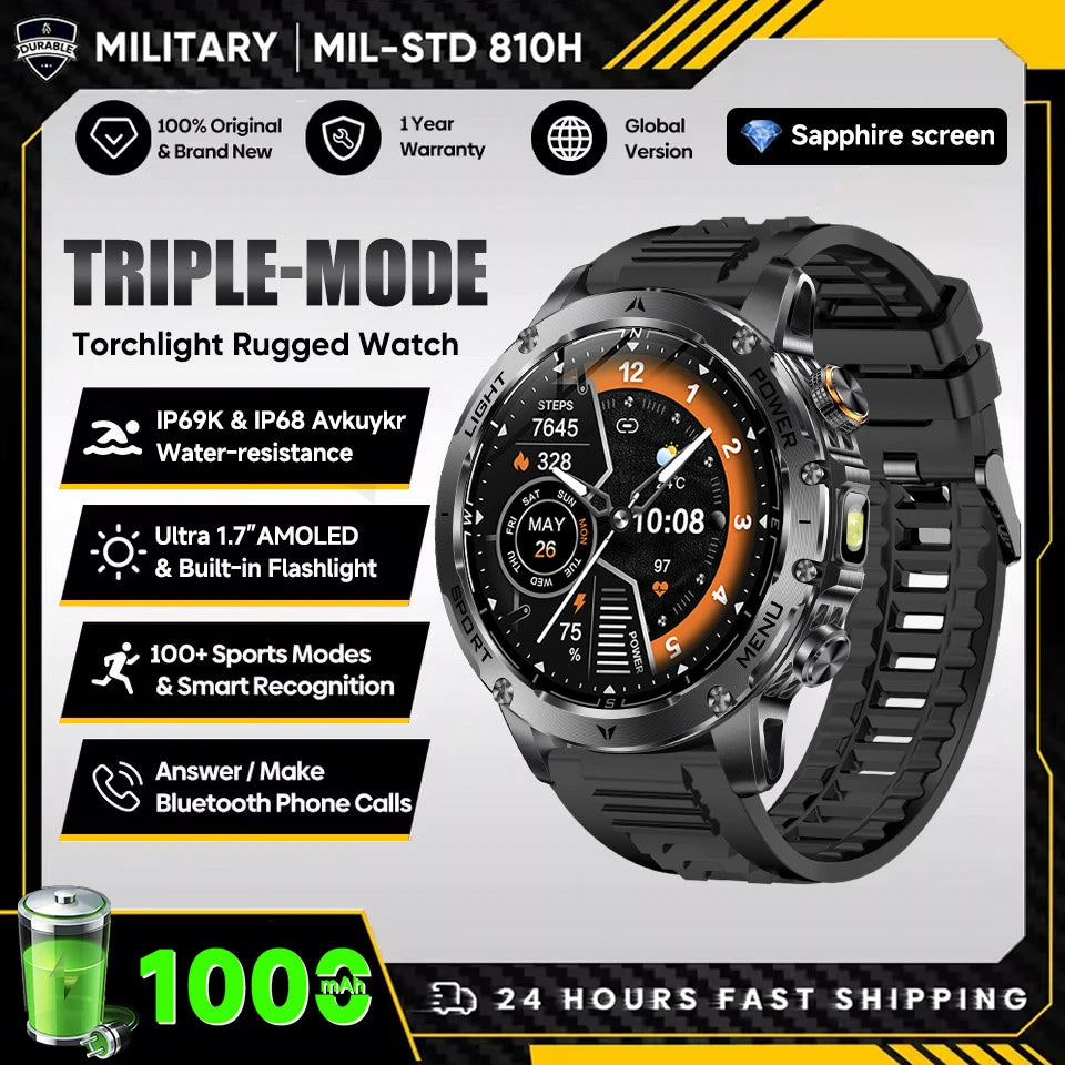 2025 New Military T-Rex 3 Ultra 1000mAh Battery Smart Watch with Flashlight