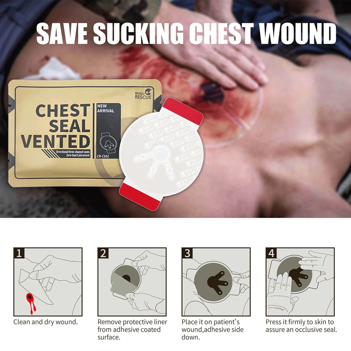 RHINO RESCUE Vent Chest Seal Twin Pack,Trauma Dressing Kit