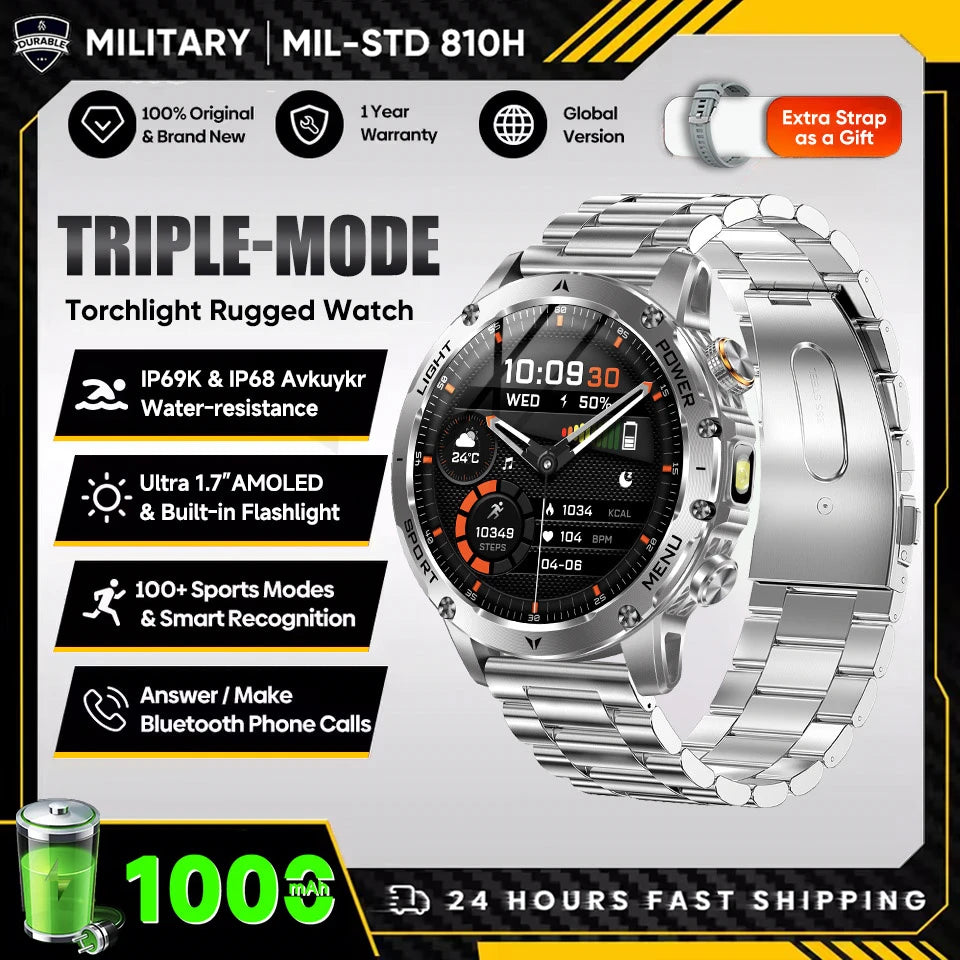 2025 New Military T-Rex 3 Ultra 1000mAh Battery Smart Watch with Flashlight