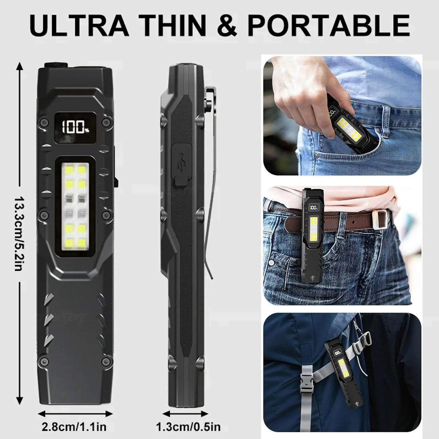 Xion New Tactical Flashlight - Triple-Light Source, Aluminum Alloy Ultra-Thin EDC Rechargeable LED Flashlight