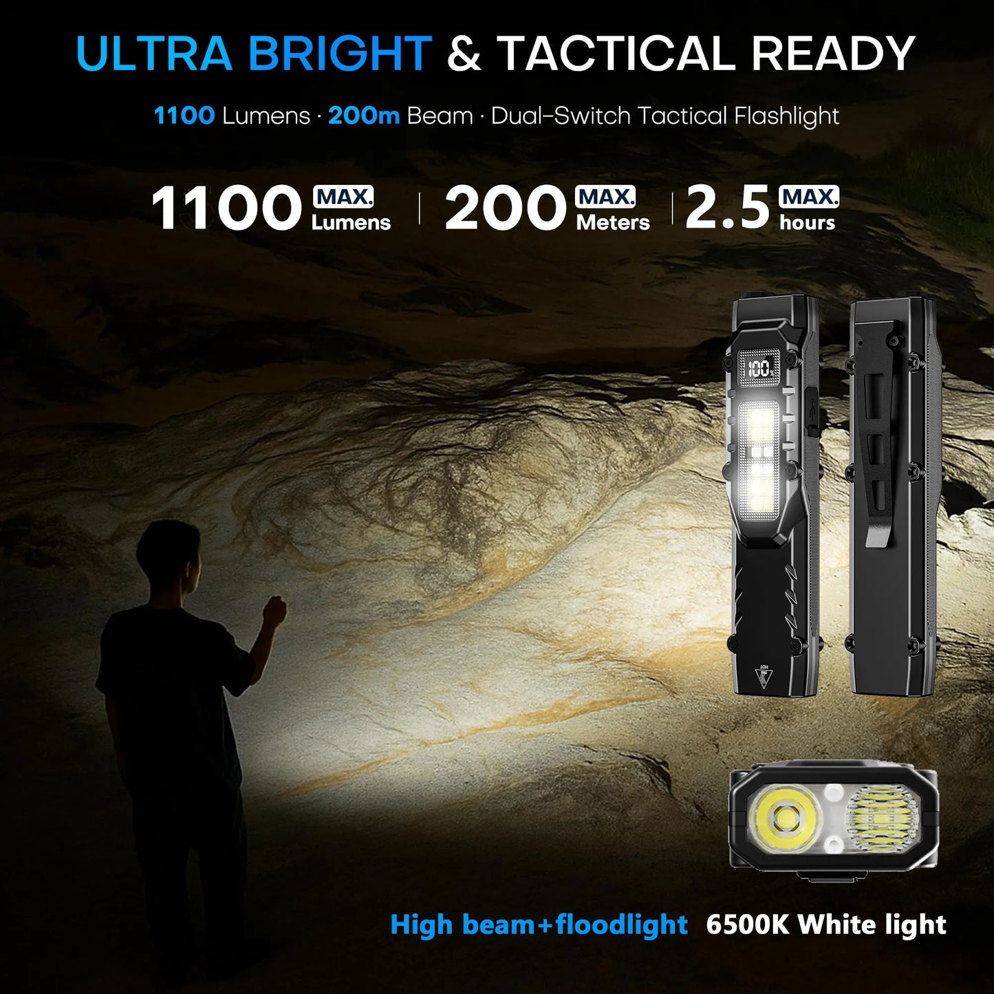 Xion New Tactical Flashlight - Triple-Light Source, Aluminum Alloy Ultra-Thin EDC Rechargeable LED Flashlight