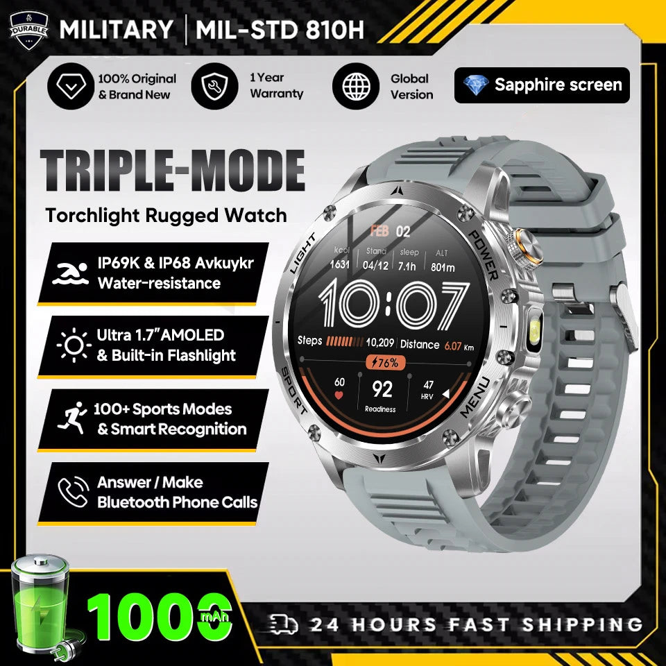 2025 New Military T-Rex 3 Ultra 1000mAh Battery Smart Watch with Flashlight