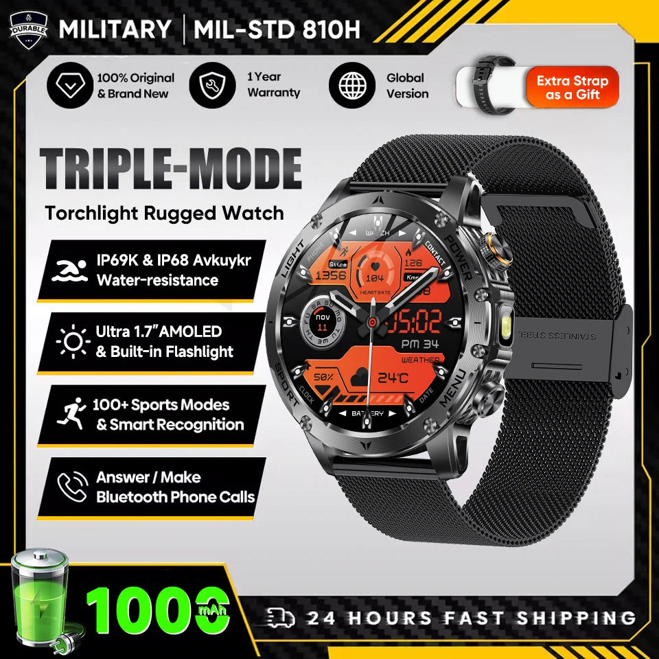 2025 New Military T-Rex 3 Ultra 1000mAh Battery Smart Watch with Flashlight
