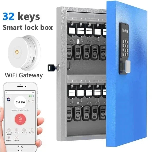 32 Key Lock Box, Intelligent Wall Mounted Key Storage Cabinet,OTP/APP Bluetooth/fixed Code Unlocking Key Management Safe