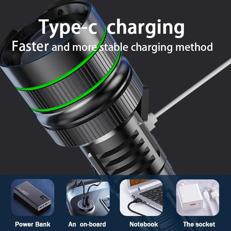 20000000LM Most Powerful LED Flashlight Rechargeable Type-c Flashlight Long Range 2000M