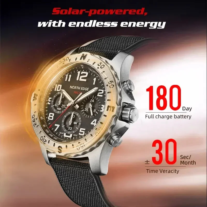 NORTH EDGE 2024 MACH 2 Men's Watches Solar Power 316 stainless steel Case Quartz Watch For Men Pilot Waterproof 50M Stopwatch