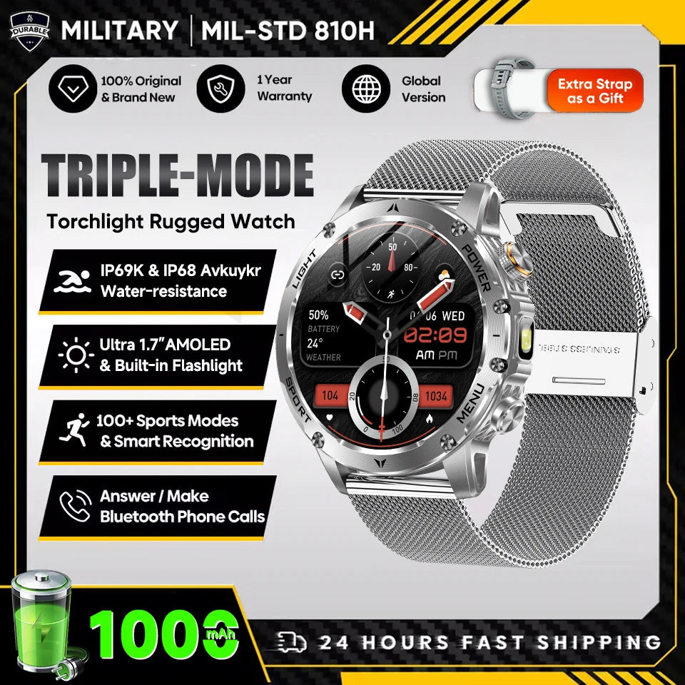 2025 New Military T-Rex 3 Ultra 1000mAh Battery Smart Watch with Flashlight