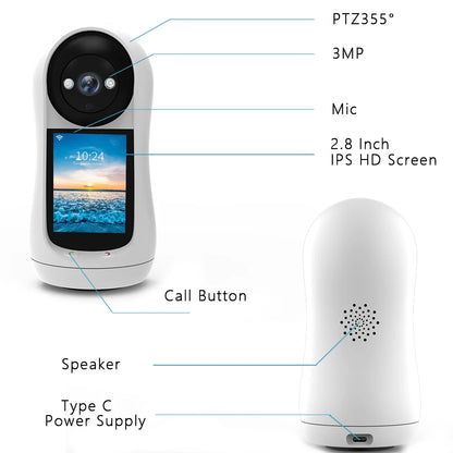 3MP PTZ Wifi Camera Video Call with 2.8 Inch Screen