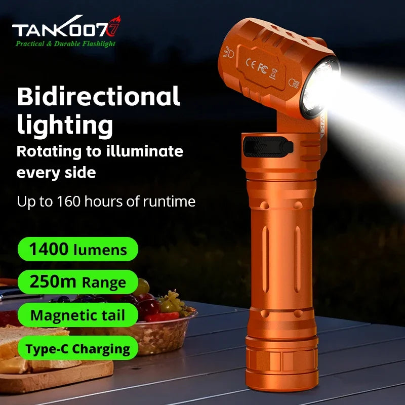 Tank007 WK1 Bidirectional Rotation Flashlight 1400 Lumen Rechargeable LED Torch 18650