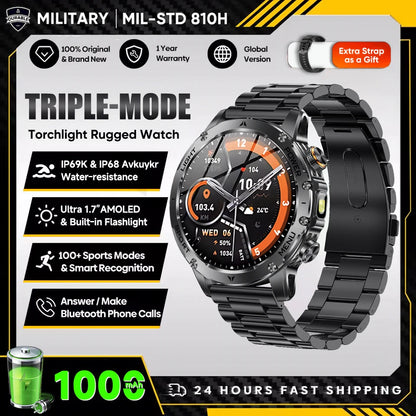 2025 New Military T-Rex 3 Ultra 1000mAh Battery Smart Watch with Flashlight