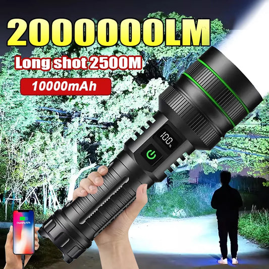 20000000LM Most Powerful LED Flashlight Rechargeable Type-c Flashlight Long Range 2000M