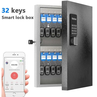 32 Key Lock Box, Intelligent Wall Mounted Key Storage Cabinet,OTP/APP Bluetooth/fixed Code Unlocking Key Management Safe