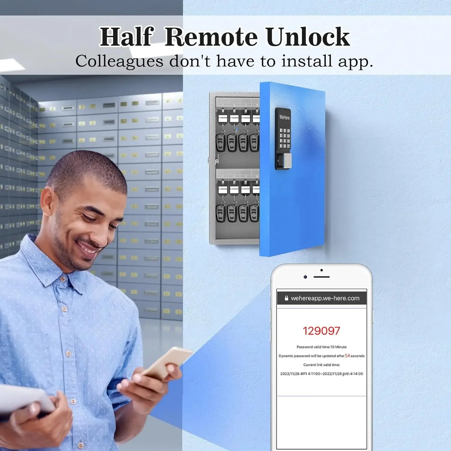 32 Key Lock Box, Intelligent Wall Mounted Key Storage Cabinet,OTP/APP Bluetooth/fixed Code Unlocking Key Management Safe