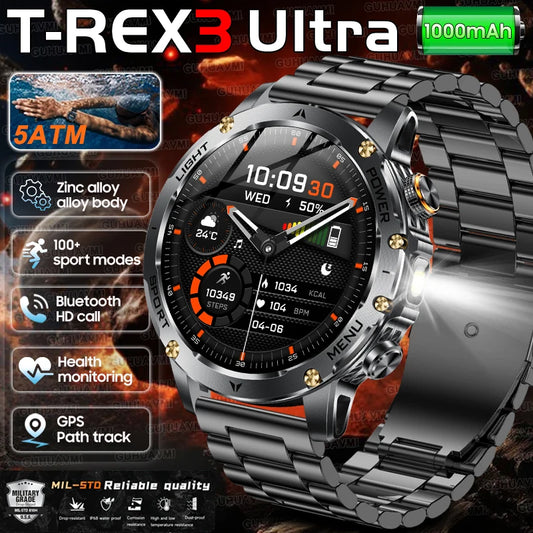 2025 New Military T-Rex 3 Ultra 1000mAh Battery Smart Watch with Flashlight