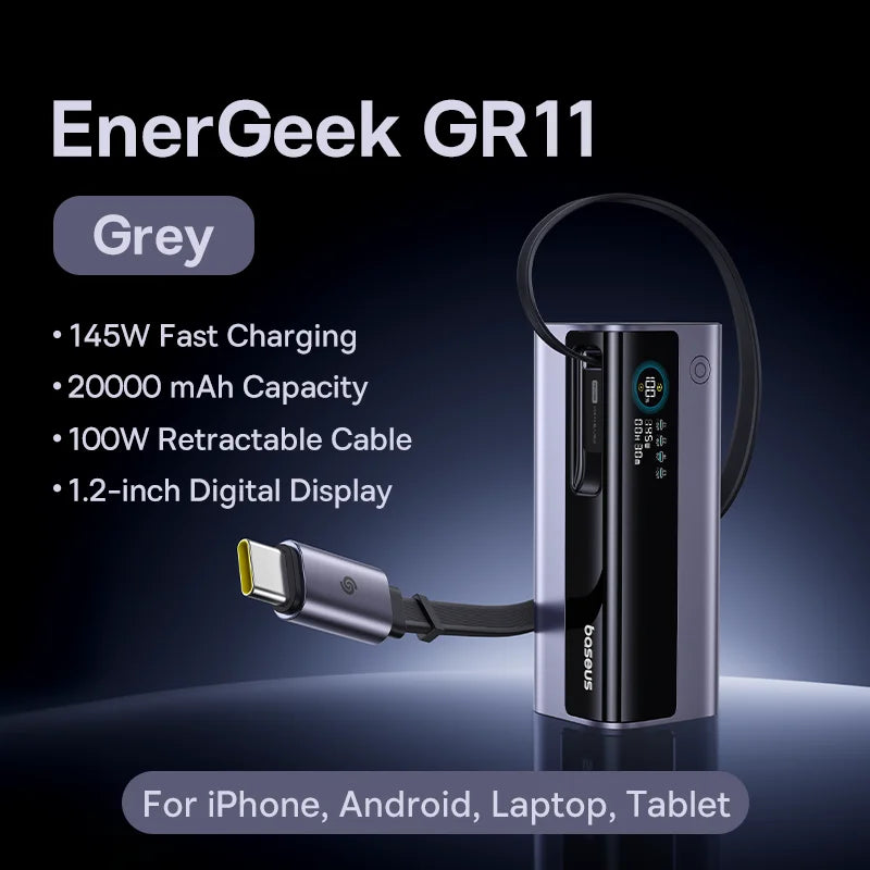 Baseus 145W Power Bank 20000mAh Built-In 100W Retractable Type C Cable Fast Charge  External  PowerBank