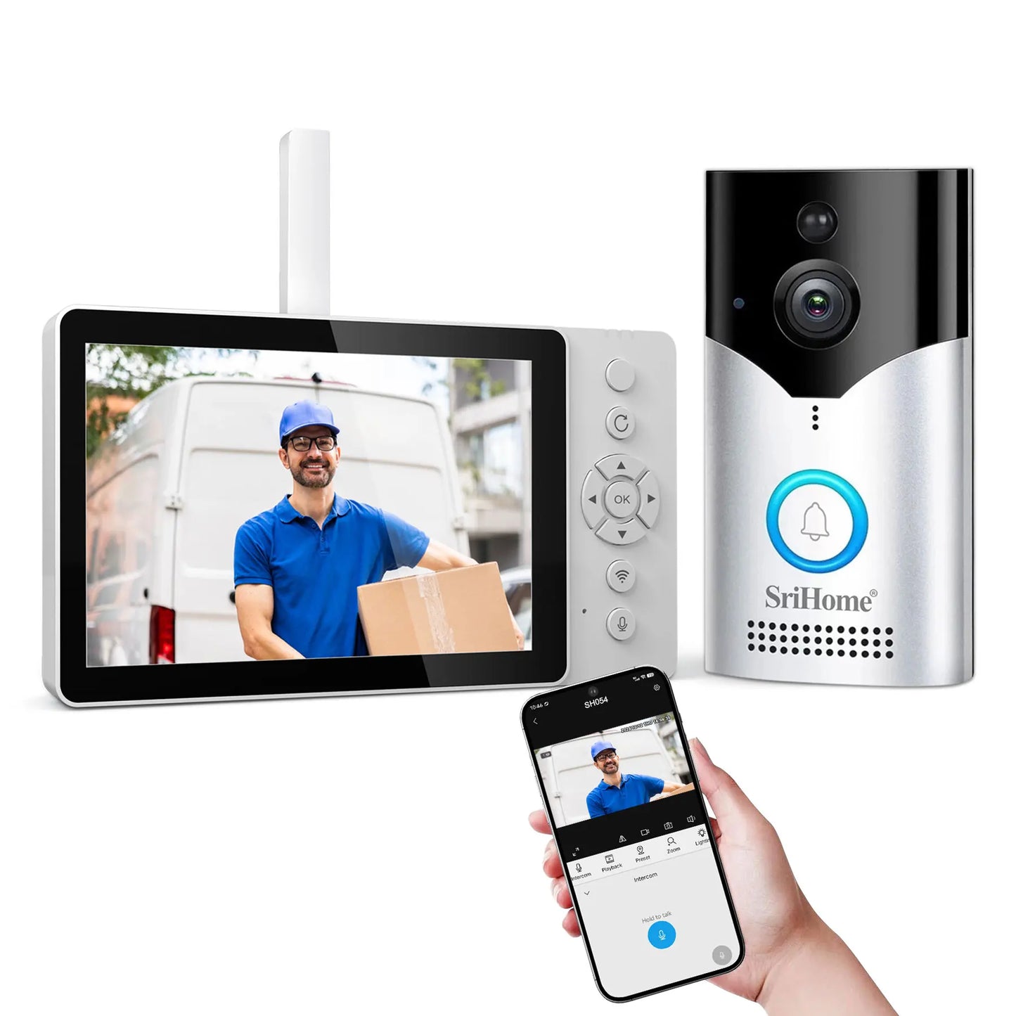 Srihome SH054 5Inch Screen 4MP 1440p Wireless WIFI Doorbell Solar IP Camera Kit Video Door Phone Visual Door Viewer Camera