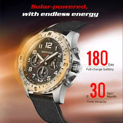 NORTH EDGE 2024 MACH 2 Men's Watches Solar Power 316 stainless steel Case Quartz Watch For Men Pilot Waterproof 50M Stopwatch