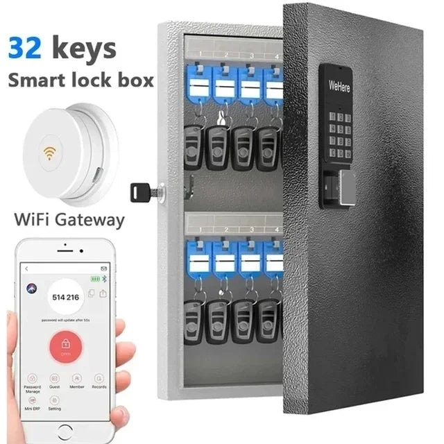 32 Key Lock Box, Intelligent Wall Mounted Key Storage Cabinet,OTP/APP Bluetooth/fixed Code Unlocking Key Management Safe