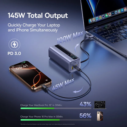 Baseus 145W Power Bank 20000mAh Built-In 100W Retractable Type C Cable Fast Charge  External  PowerBank