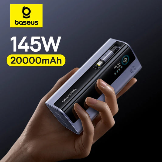 Baseus 145W Power Bank 20000mAh Built-In 100W Retractable Type C Cable Fast Charge  External  PowerBank