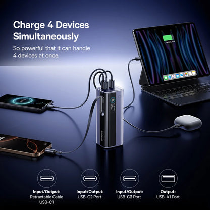 Baseus 145W Power Bank 20000mAh Built-In 100W Retractable Type C Cable Fast Charge  External  PowerBank