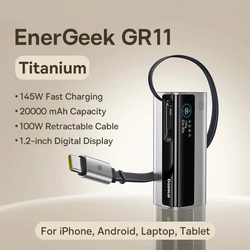 Baseus 145W Power Bank 20000mAh Built-In 100W Retractable Type C Cable Fast Charge  External  PowerBank