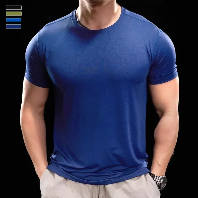 Ice Silk Men's Running Gym Shirt - Elastic Fit Quick Dry Sports Tee for Summer