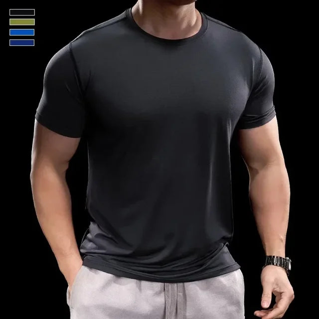 Ice Silk Men's Running Gym Shirt - Elastic Fit Quick Dry Sports Tee for Summer