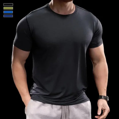 Ice Silk Men's Running Gym Shirt - Elastic Fit Quick Dry Sports Tee for Summer