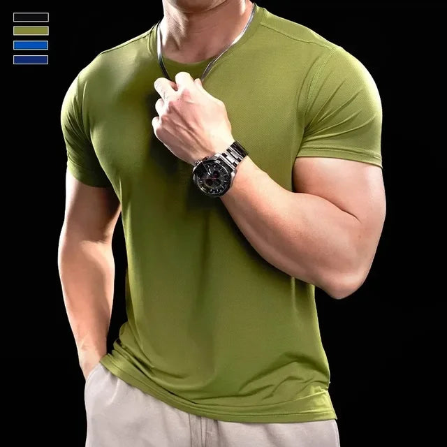 Ice Silk Men's Running Gym Shirt - Elastic Fit Quick Dry Sports Tee for Summer