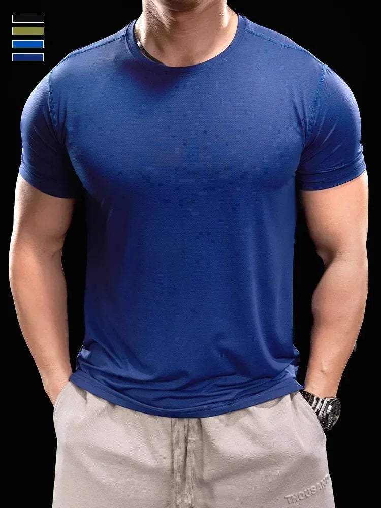 Ice Silk Men's Running Gym Shirt - Elastic Fit Quick Dry Sports Tee for Summer