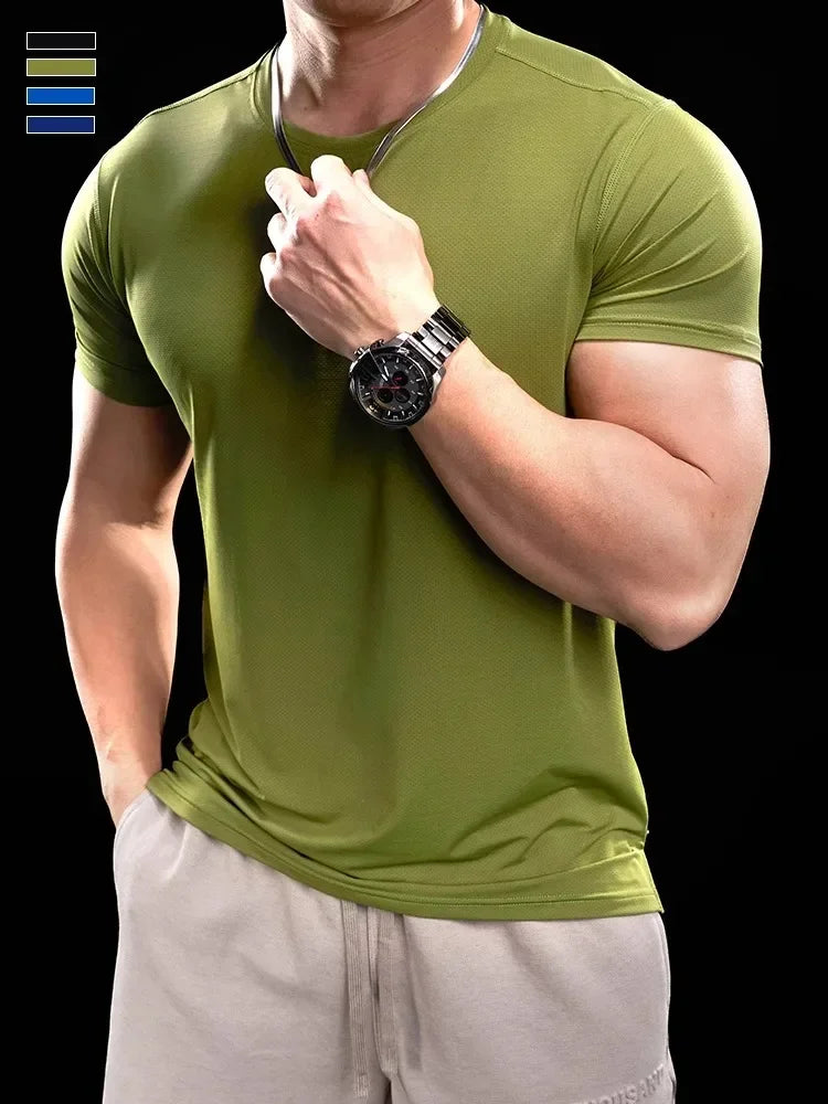 Ice Silk Men's Running Gym Shirt - Elastic Fit Quick Dry Sports Tee for Summer
