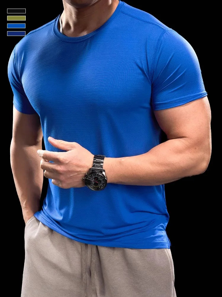 Ice Silk Men's Running Gym Shirt - Elastic Fit Quick Dry Sports Tee for Summer
